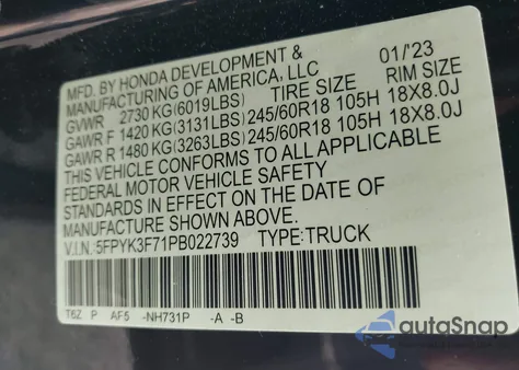 2023 Honda Ridgeline Rtl-E из США, поврежденный, VIN 5FPYK3F71PB022739